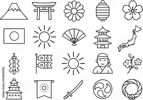 Japanese culture icons isolated on white background a collection of traditional symbols in simple line art style for graphic design projects