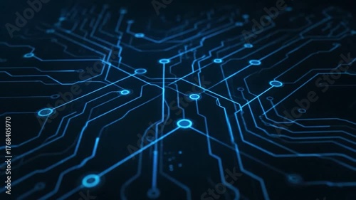 Illuminated blue circuit board lines, digital connection and data flow concept, dark background