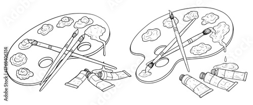 Two artists palettes with paints, brushes, and tubes of paint, ready for a creative session