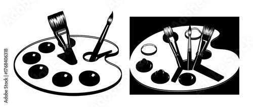 Two artists palettes with paints and brushes, showcasing the tools of the creative trade