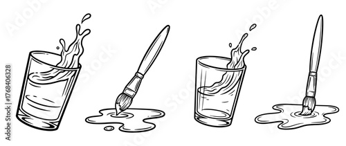 Hand drawn set of paint brushes in glass of water and paint puddle sketch style vector illustration