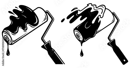 Two paint rollers with black paint dripping down, , perfect for diy and home improvement projects