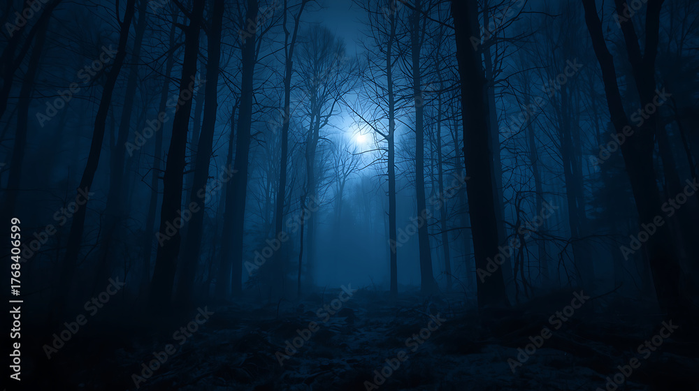 Naklejka premium Eerie blue forest at night with moonlight shining through the trees, perfect for mystery novels and fantasy book covers, creating a dark and atmospheric mood