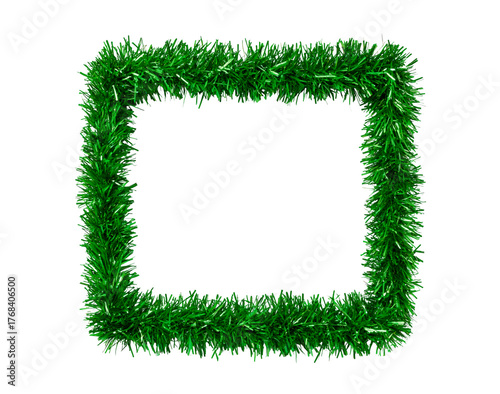 Green tinsel garland frame on transparent background for festive decoration