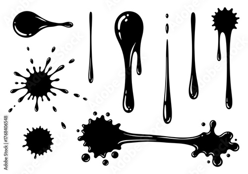 Set of black ink blots and drips for grunge design, paint splatter and abstract art