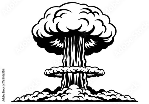 Stylized black and white illustration of a nuclear explosion, showcasing its iconic mushroom cloud