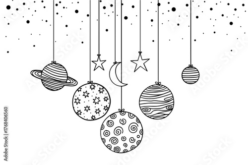 Handdrawn celestial ornaments hanging from strings, featuring planets, stars, and a crescent moon