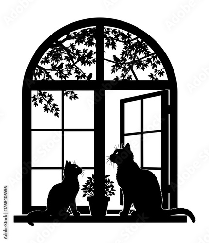Silhouette of two cats sitting on a windowsill with an open window, a peaceful scene