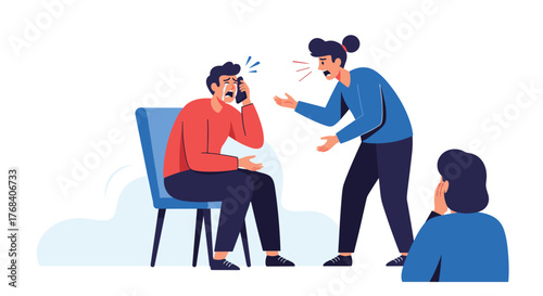 Man crying on phone while another person yells at him and a third person watches.