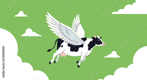A whimsical cartoon cow with large white wings soars through a bright green sky with fluffy white clouds.