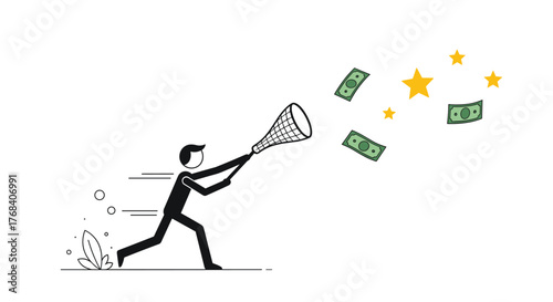 Stick figure man with a net chasing money and stars in the air chasing dollar signs.
