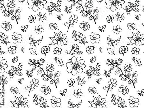 Seamless Hand Drawn Floral Pattern in Black and White with Leaves and Flowers