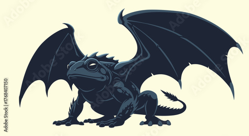 A dark, winged toad-like mythical creature with bat wings and a reptilian tail sits on a light background.
