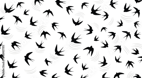 A pattern of stylized black swallows in flight against a white background.