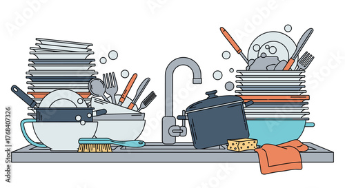 A kitchen sink filled with a large pile of dirty dishes and cookware, ready for washing.