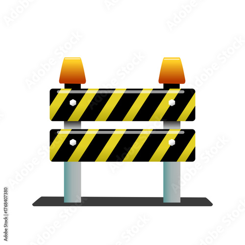 Construction Barrier With Yellow And Black Stripes, Warning Lamps, And Steel Posts. Ideal for depicting road work, closures, safety zones, and temporary detours in creative projects.
