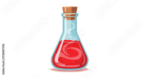 A cartoon illustration of a glass flask containing a swirling red liquid, sealed with a cork.