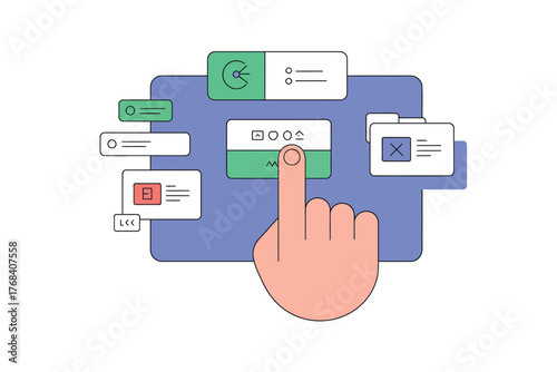 A finger pointing at a digital interface with various icons and windows displayed.