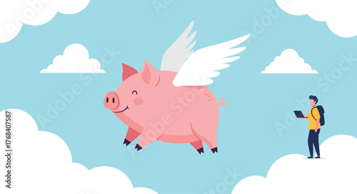 A cartoon pig with wings flies through a blue sky with clouds, while a person with a backpack looks at a laptop.