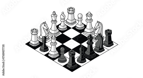 Isometric view of a chess board with white and black pieces arranged for a game.