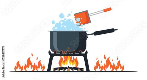 A pot of bubbling water on a campfire is being stirred with a small orange scoop.