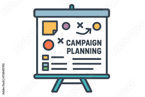 Campaign planning board with colorful diagrams and notes  