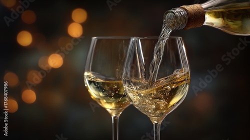 ferment. Two glasses of white wine being poured from a bottle, capturing liquid motion against a dark background. bar promotions, beverage menus, designed for product packaging and bar promotions.