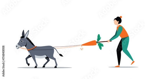 A person holding a carrot on a stick in front of a donkey to encourage it to move forward.
