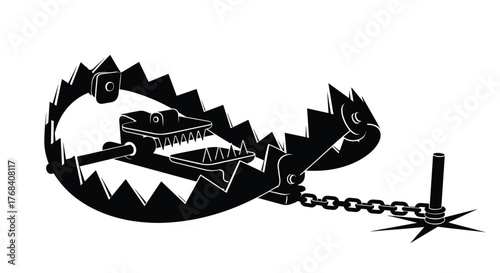 Graphic illustration of a menacing bear trap with sharp teeth and a chain attached to an anchor spike.