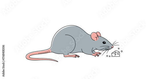 A cartoon grey rat with pink ears and tail sniffs at a piece of cheese with holes.