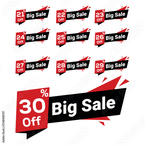 Collection of red and black discount labels with percentages from 21% to 30%. Perfect for e-commerce, retail marketing, and promotional sales design templates.