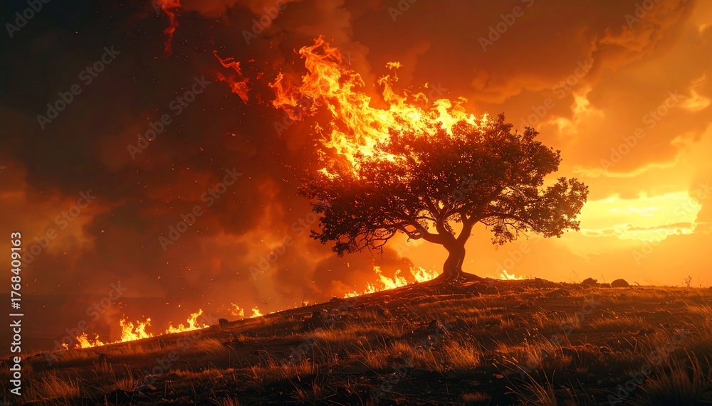 Fototapeta premium Dramatic image of a burning tree in a fiery landscape under an ominous sky