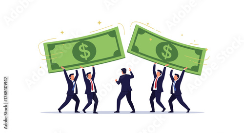 Businessmen collaboratively lifting large dollar bills, symbolizing teamwork and financial success.