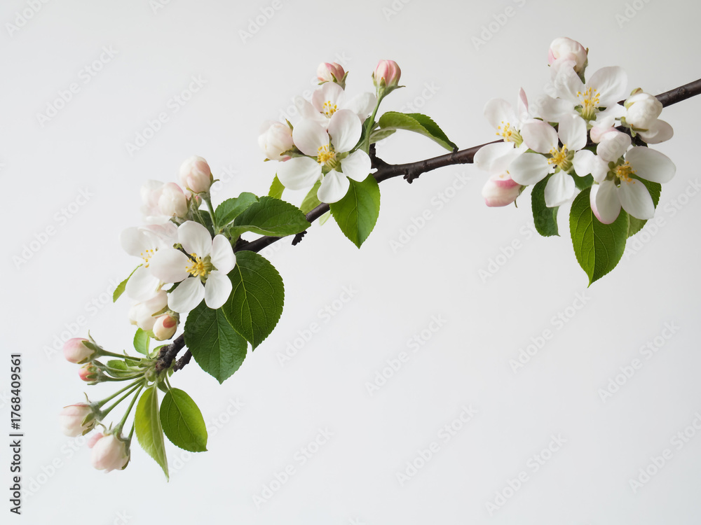 Fototapeta premium A high-resolution photograph of a blooming apple tree branch against a pure white background.