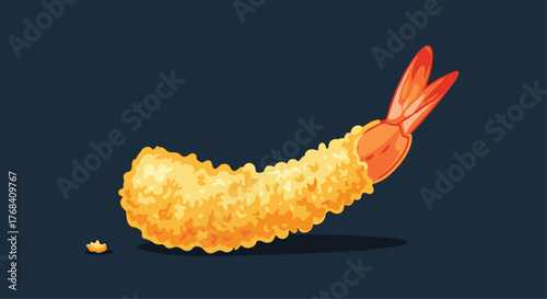 A single piece of golden brown tempura shrimp with a curved shape, against a dark blue background.