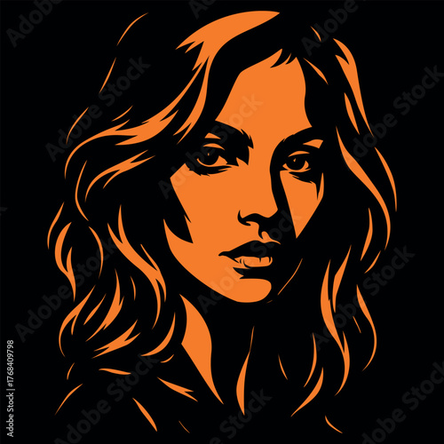 Orange silhouette of a girl. Vector illustration on a black background.
