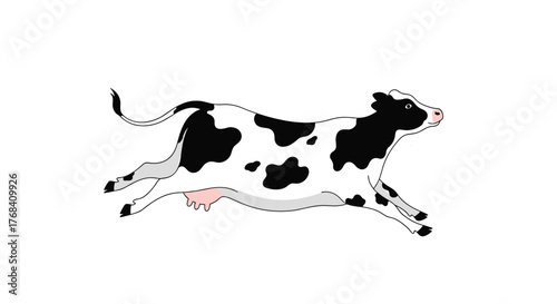 A cartoon illustration of a black and white cow running to the right with its tail high.