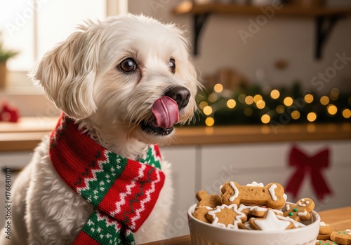 Festive dog wearing a scarf eyeing gingerbread cookies at Christmas