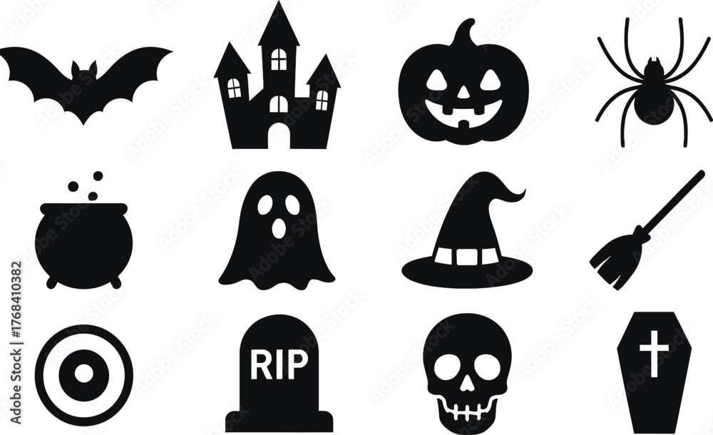 Obraz premium Collection set of halloween icons. Halloween silhouette elements vector. silhouettes of Halloween on a white background.