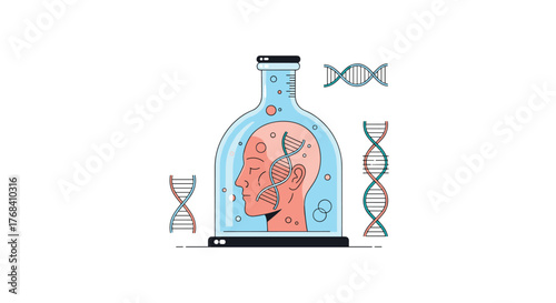 Illustration of a human head inside a laboratory flask with DNA strands surrounding it.