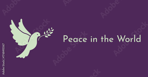 Minimalist peace dove with olive branch and text Peace in the World on purple background, symbol of harmony and hope