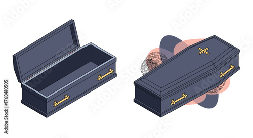 Two dark blue coffins, one open and one closed with decorative elements.
