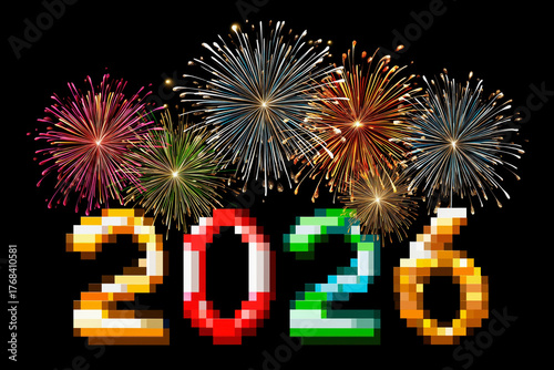 Colorful pixelated 2026 numbers with vibrant fireworks display background