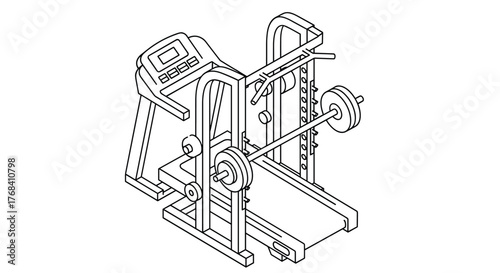 Isometric line drawing of a multi-functional gym machine with a treadmill and barbell rack.