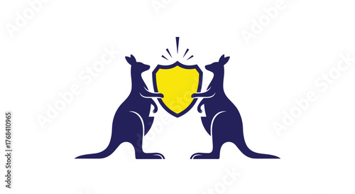 Two kangaroos stand protectively on either side of a bright yellow shield with a burst of light radiating from the top.