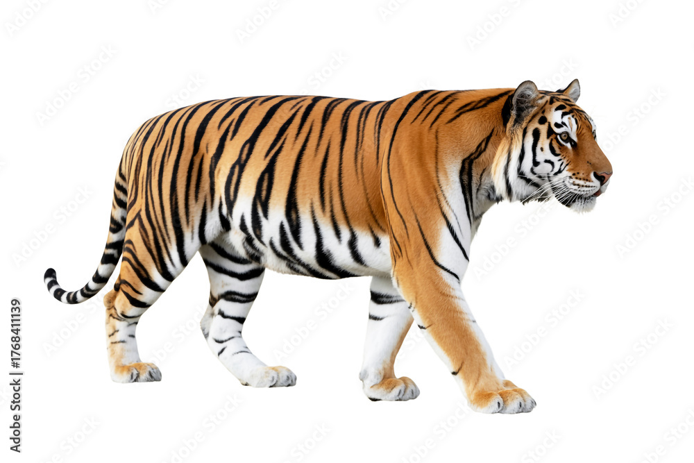 Fototapeta premium A photorealistic image of a majestic Bengal tiger in profile view, facing right against a pure white background.
