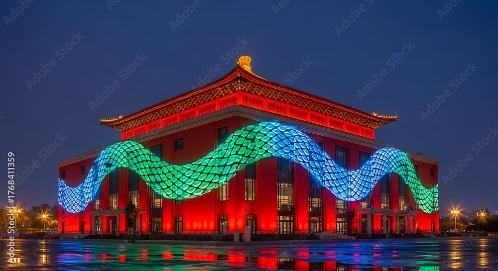 Fototapeta premium Modern Chinese Building Illuminated with Wavy Blue and Green Lights architecture