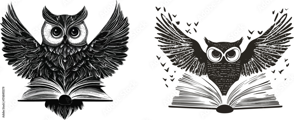 Fototapeta premium Owl wings shaped like open books set silhouette vector