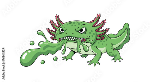 Fierce cartoon axolotl spitting a green slimy substance with a menacing expression.