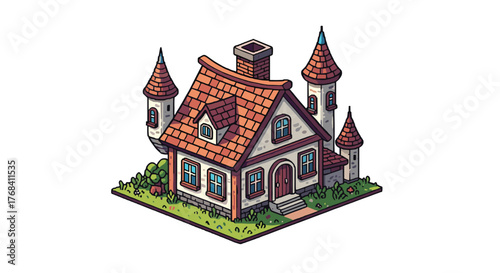 Charming isometric pixel art illustration of a fantasy house with turrets and a red tile roof.